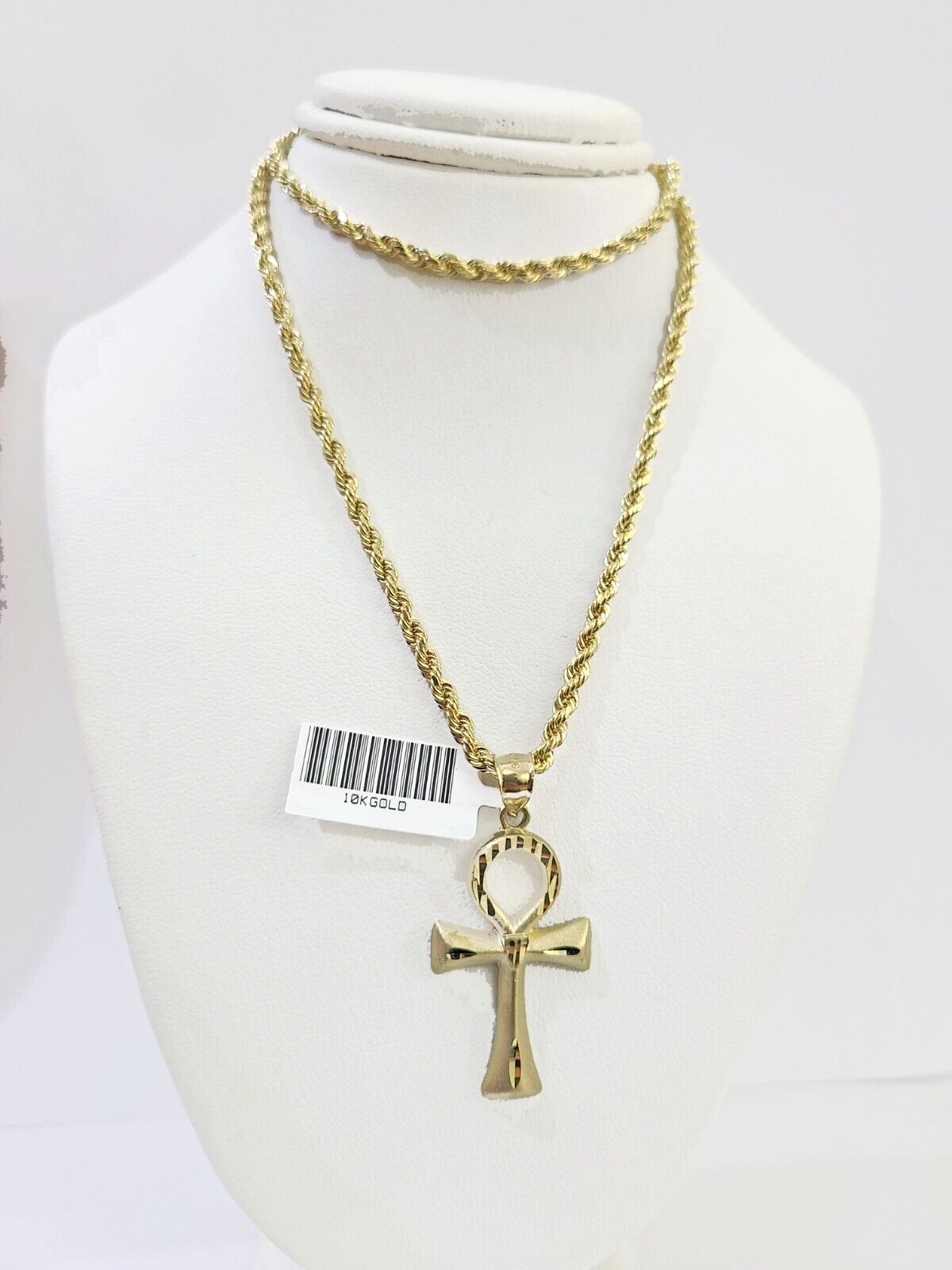 10k Gold Rope Chain & Ankh Cross Charm Pendent SET 3mm 24Inches Necklace