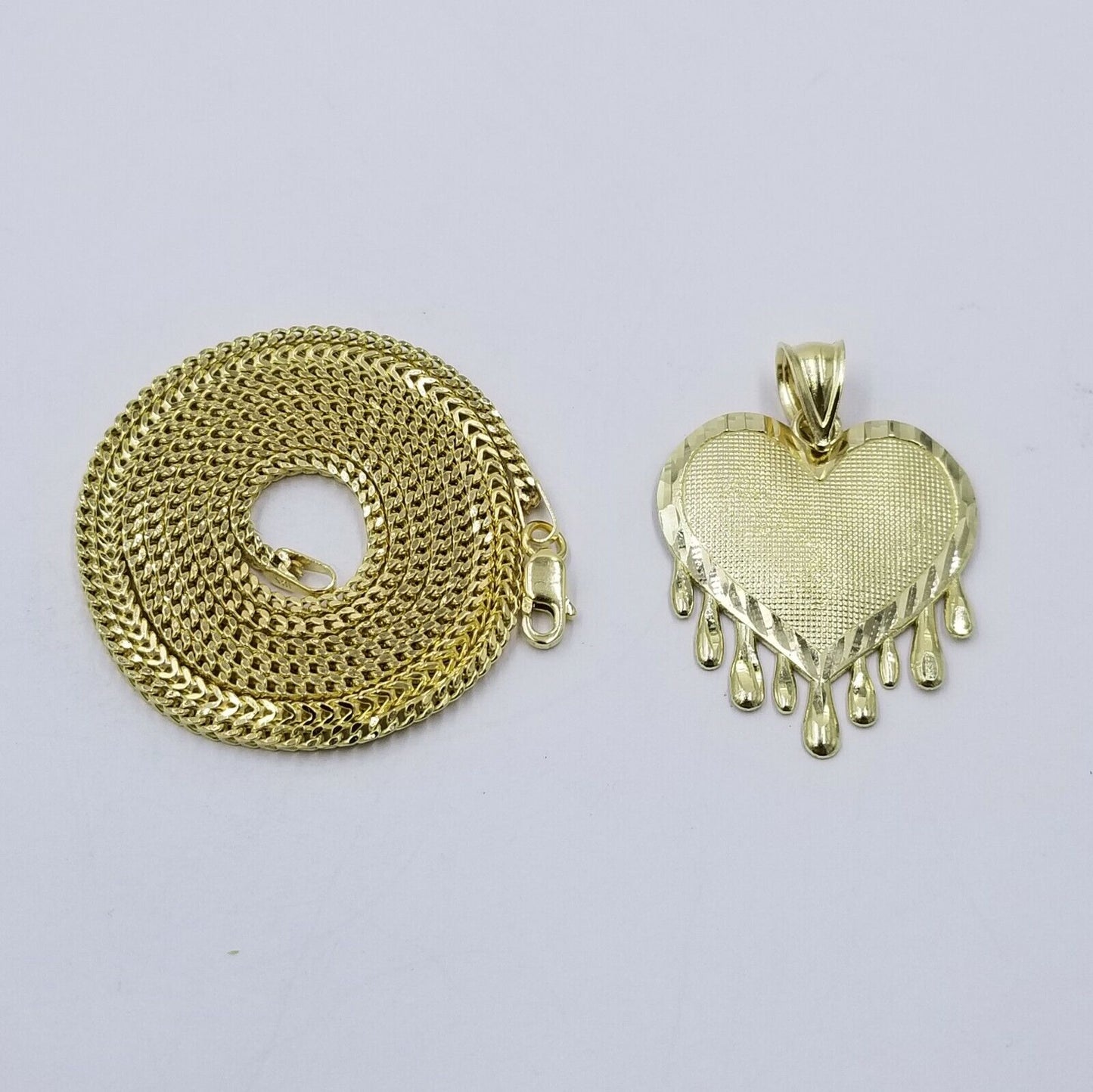 Real 10k Yellow Gold Charm Pendant Dripping heart with Franco Chain 18" 2mm