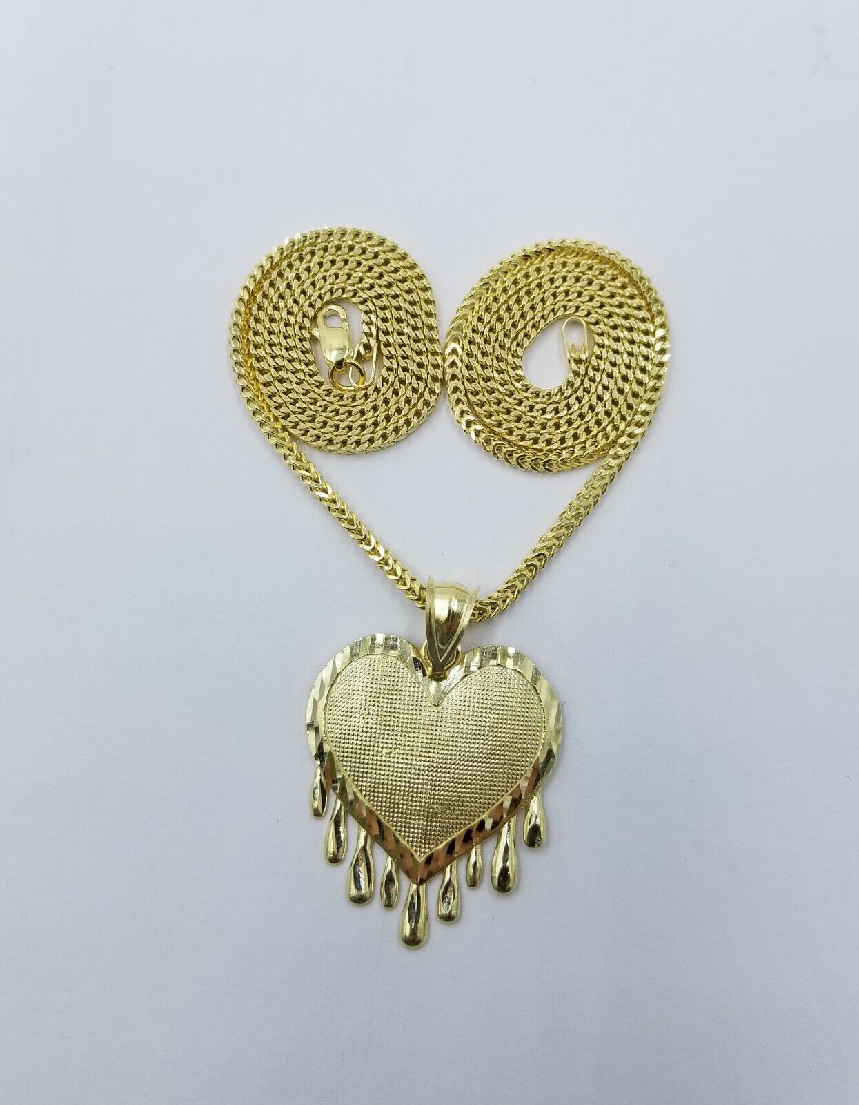 Real 10k Yellow Gold Charm Pendant Dripping heart with Franco Chain 18" 2mm