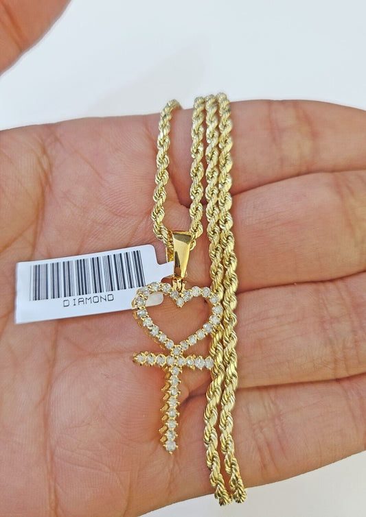 10k Gold Diamond Heart with Cross Pendent and 2.5mm 20 Inches Rope Chain