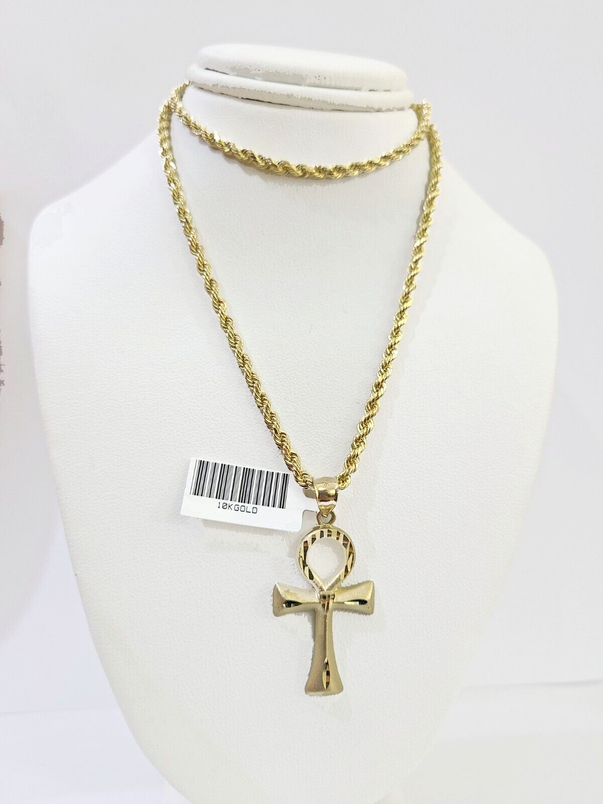 10k Gold Rope Chain & Ankh Cross Charm Pendent SET 3mm 22Inches Neckla ...