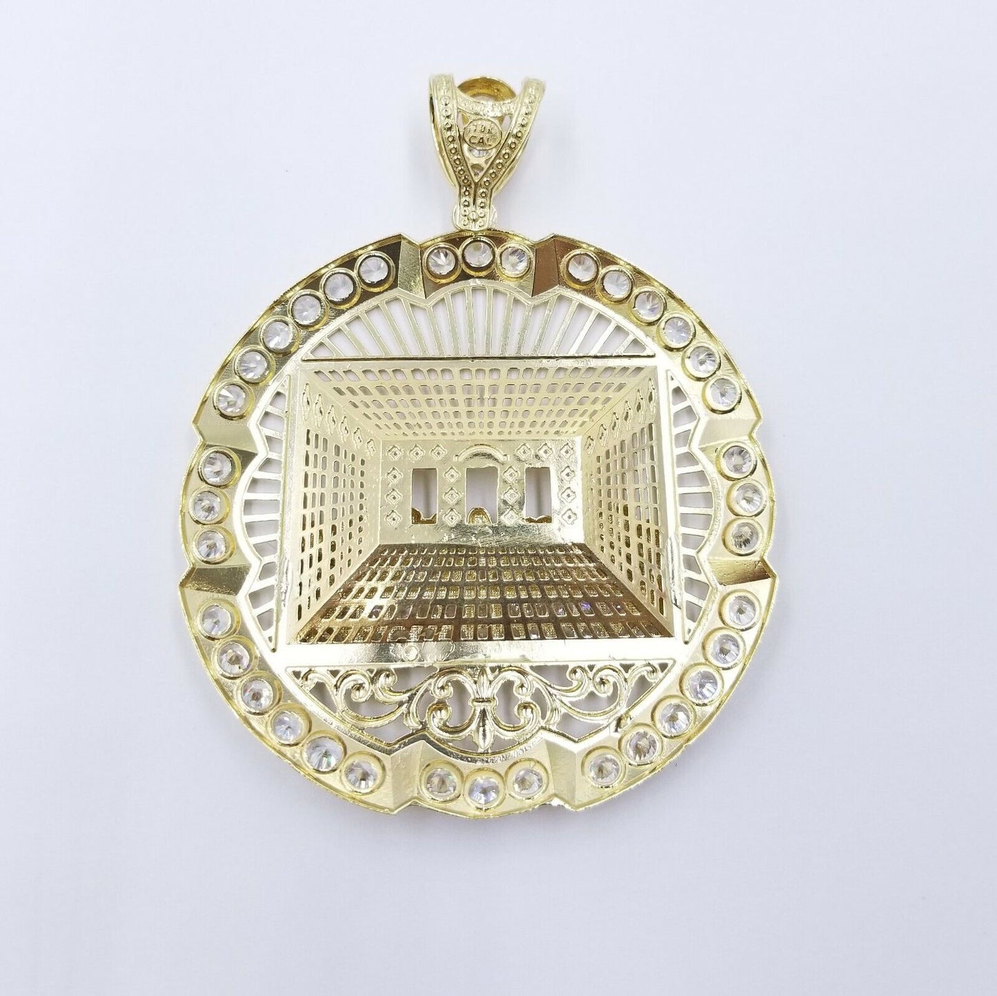 10k Yellow Gold Apostles Last Supper Round Pendant Diamond Cut Men 3.75" 75mm