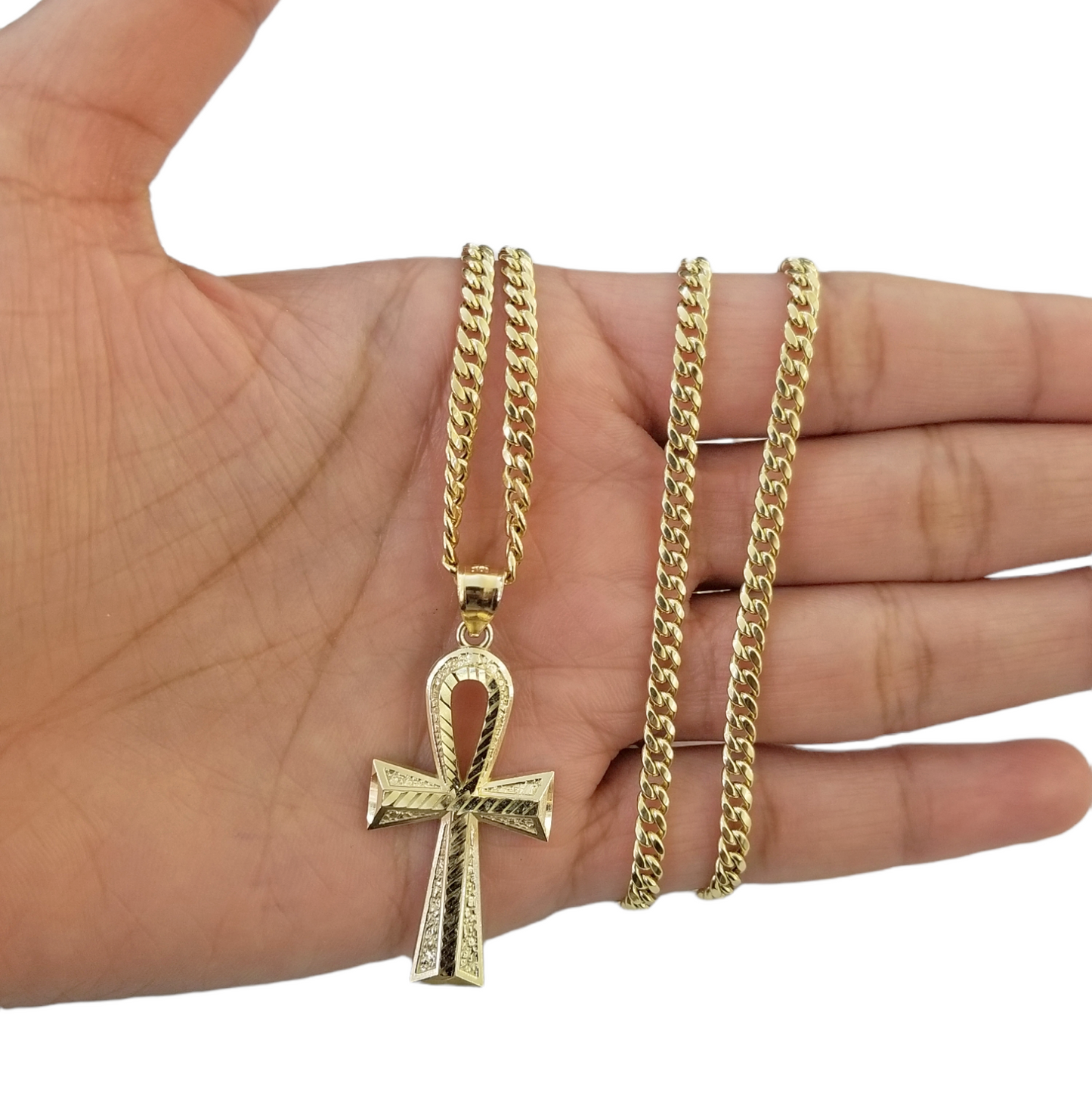 Real 10k Gold Ankh Cross Pendent 4mm Cuban Link Chain 18"20' 22" 24" 26" SET