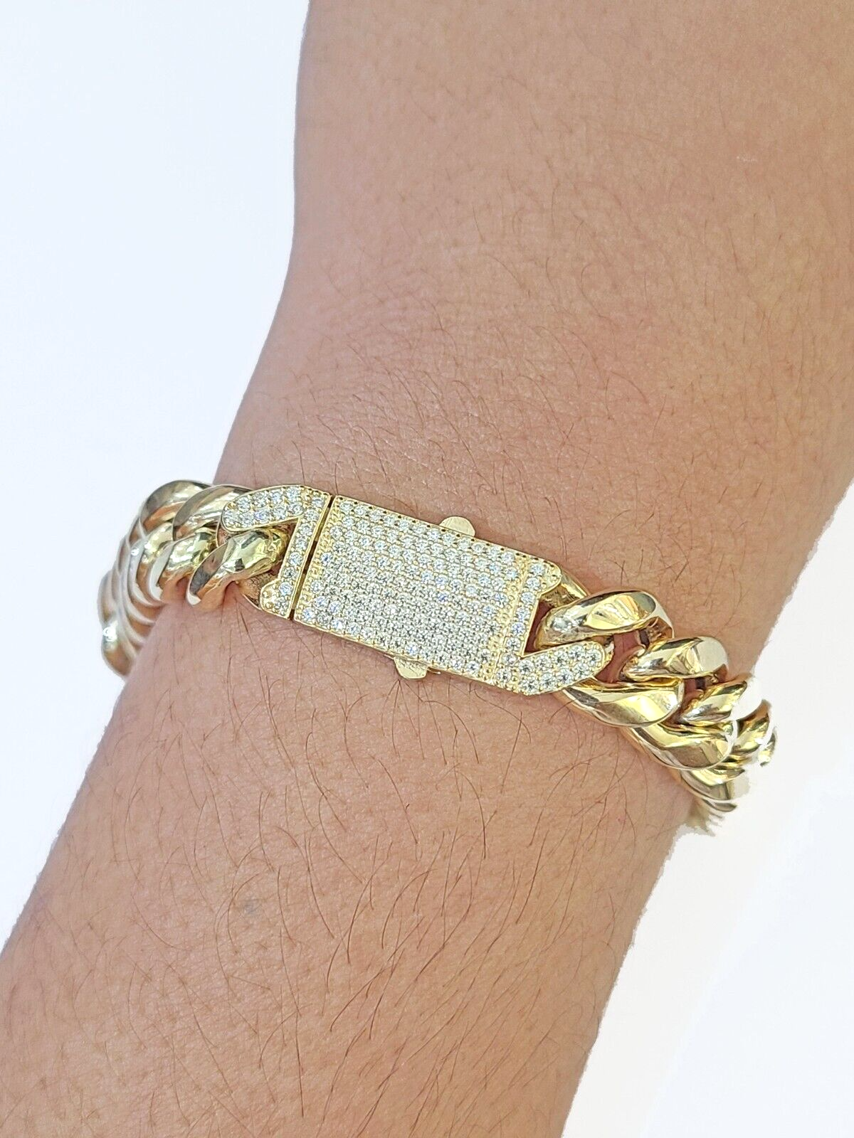 Real 14K Yellow Gold Miami Cuban Bracelet 8" Inch 11 mm 14K CZ Stone Box Clasp