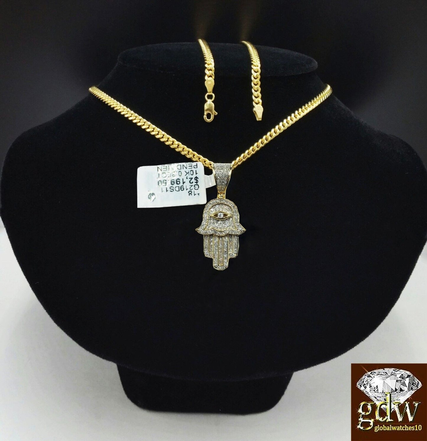 10k Yellow Gold Diamond Hamsa Hand Charm with 22" Miami Cuban Chain