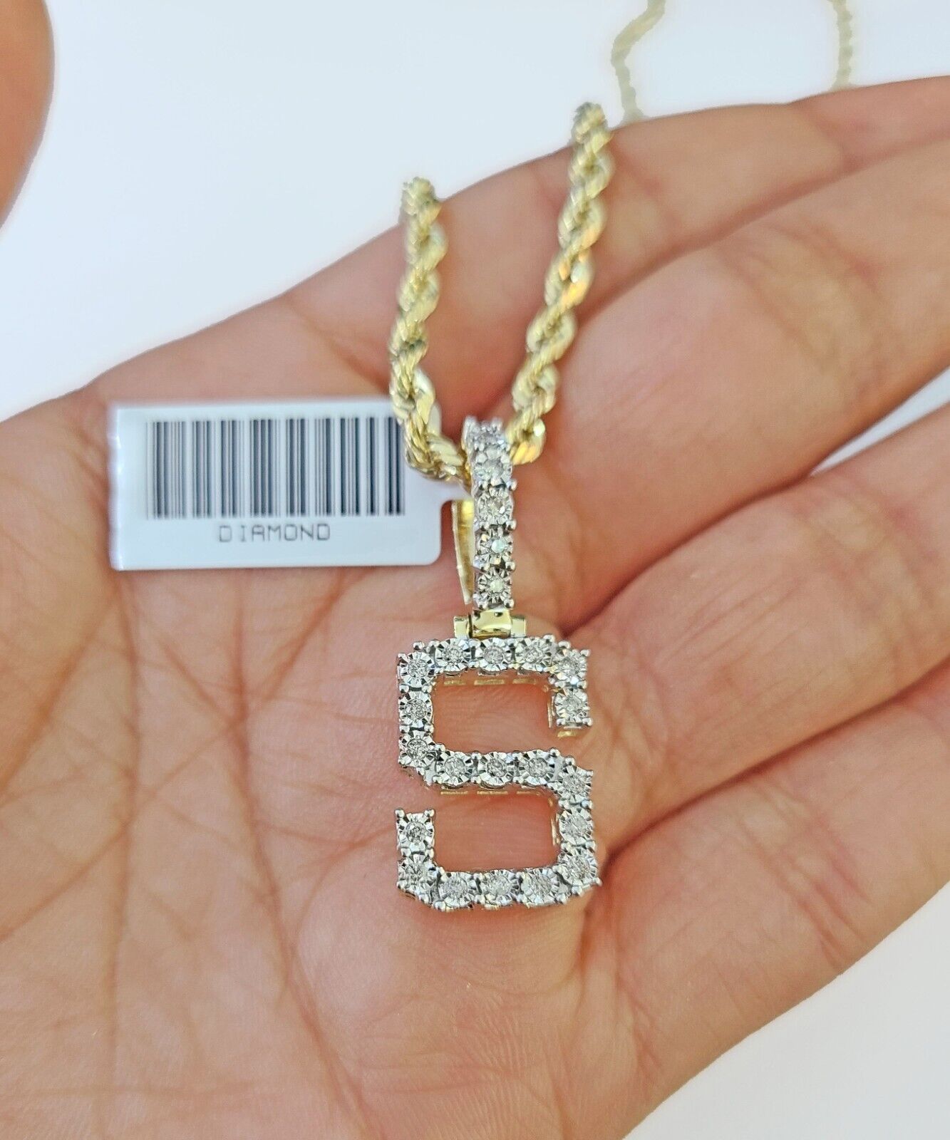 Real 10k Yellow Gold Genuine Diamond "S" Initial Pendent with 22 Inch Rope Chain