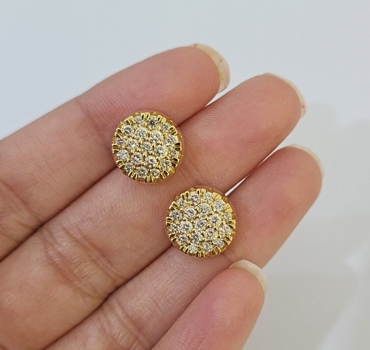 10k Yellow gold Flower Earrings Real Diamond screw-back Women Men studs