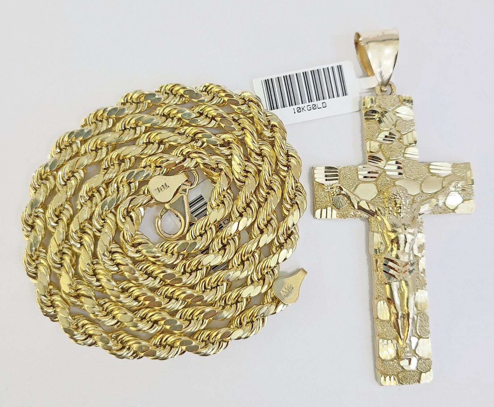 Real 10k Gold Nugget Cross Rope Necklace 6mm 24" Chain Charm SET 10kt