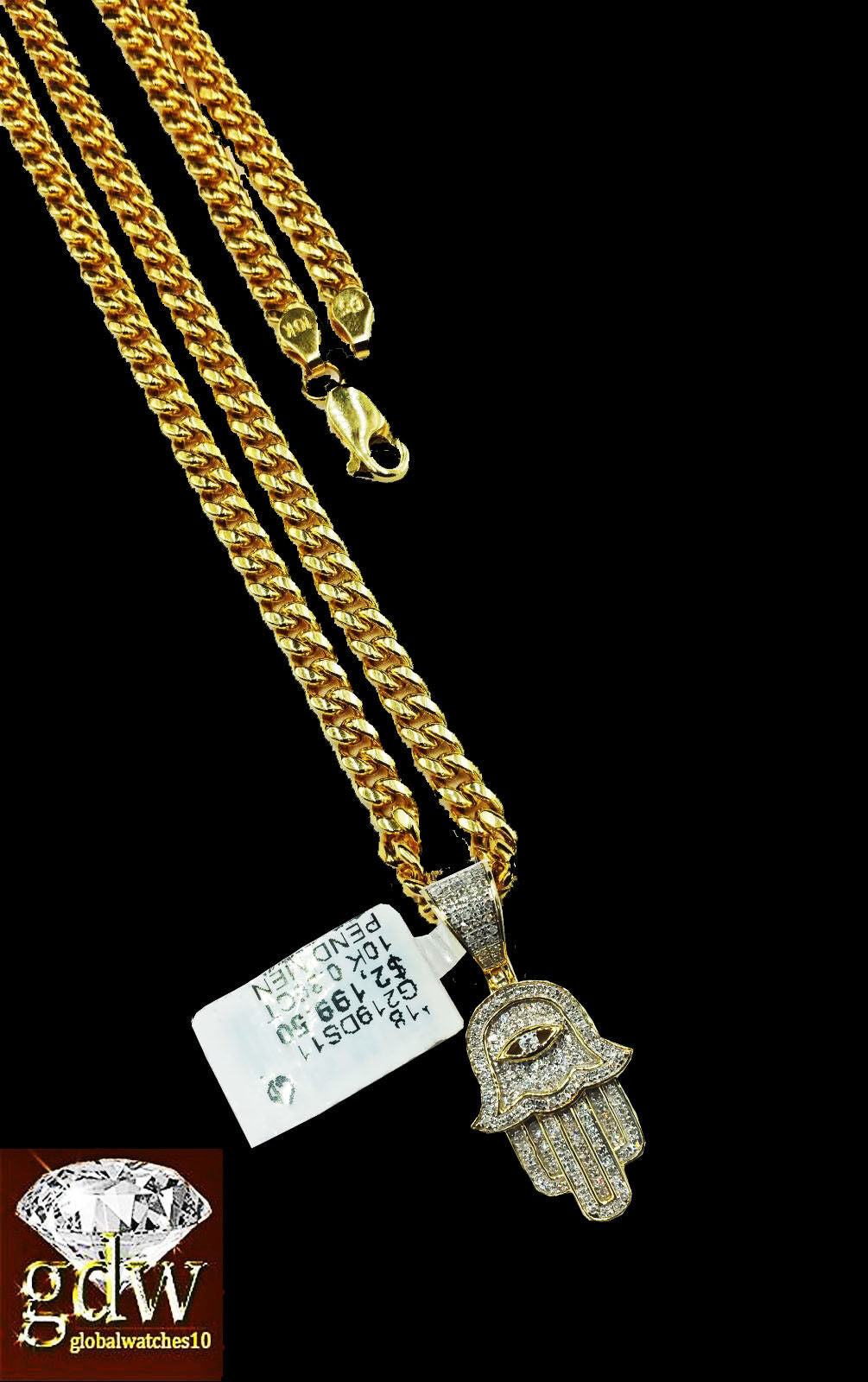 10k Solid Yellow Gold Diamond Hamsa Hand Charm with 26" Miami Cuban Chain 10kt