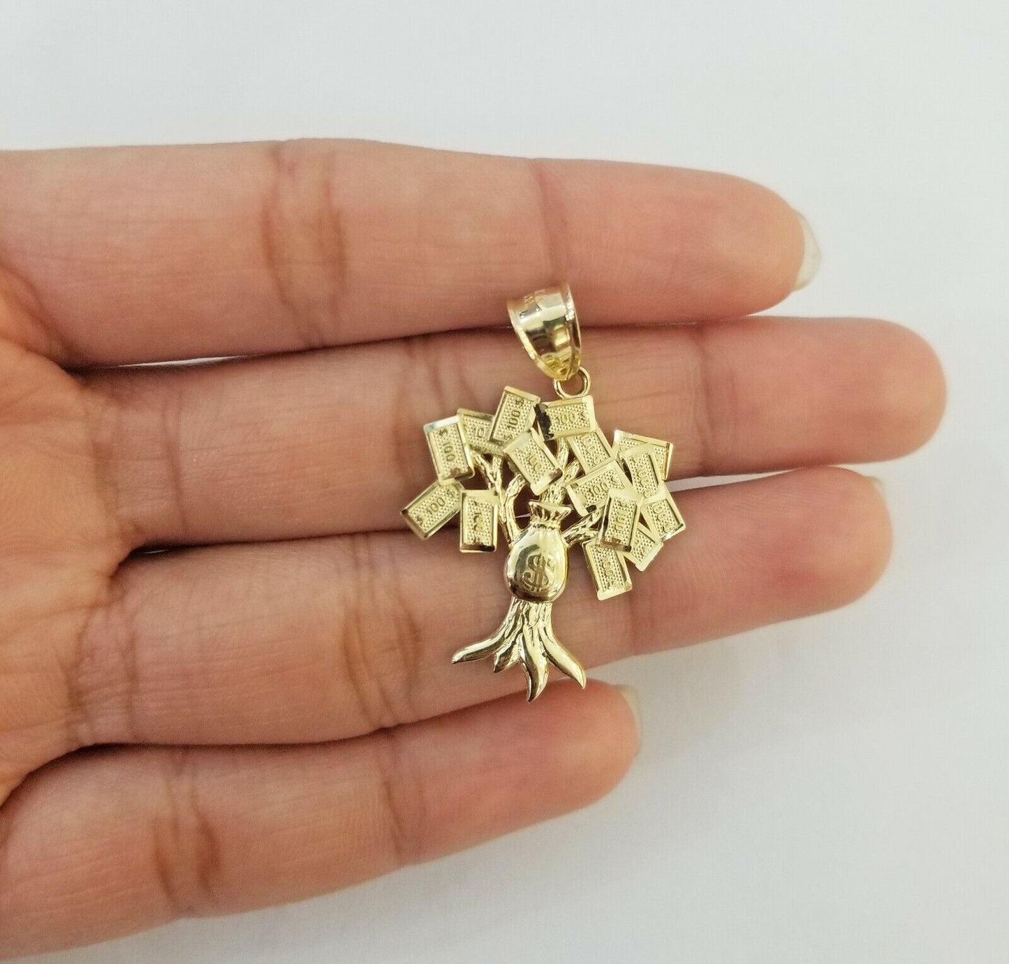 10K Yellow Gold Money Tree Pendant Diamond Cut, 10KT Real Gold $100 Sign Bag