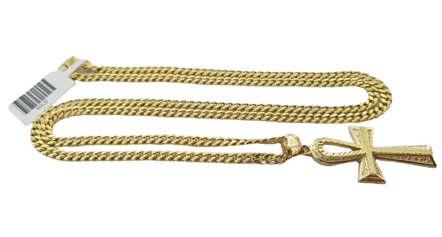 Real 10k Gold Ankh Cross Pendent 4mm Cuban Link Chain 18"20' 22" 24" 26" SET