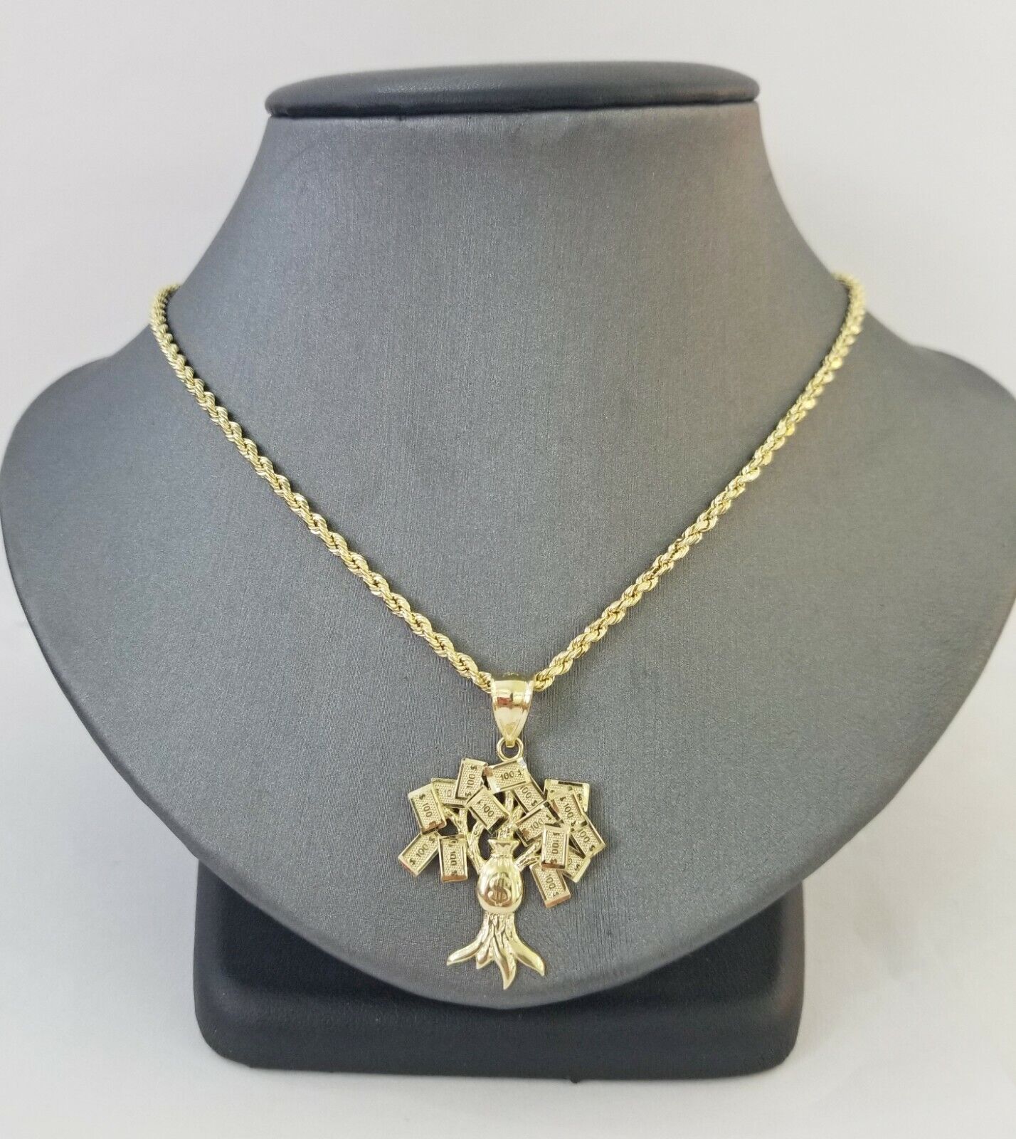 10k Yellow Gold Money Tree Pendant with 18 inch rope chain 3mm 10kt gold set