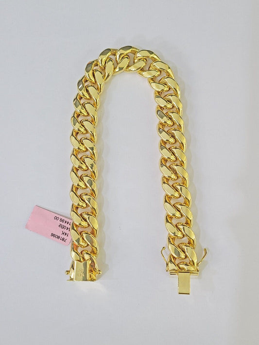 Real 14K Yellow Gold Miami Cuban Bracelet Box Clasp 9" Inch 13mm Link