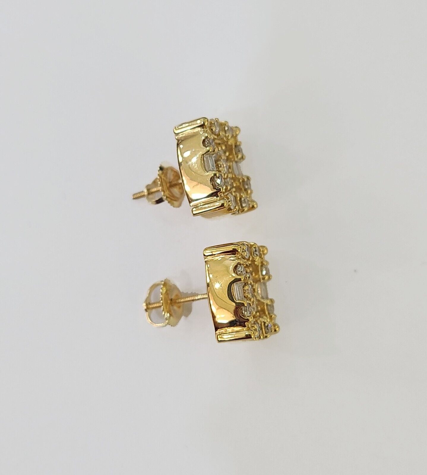 10k Yellow gold Flower Earrings Real Diamond screw-back Women Men studs