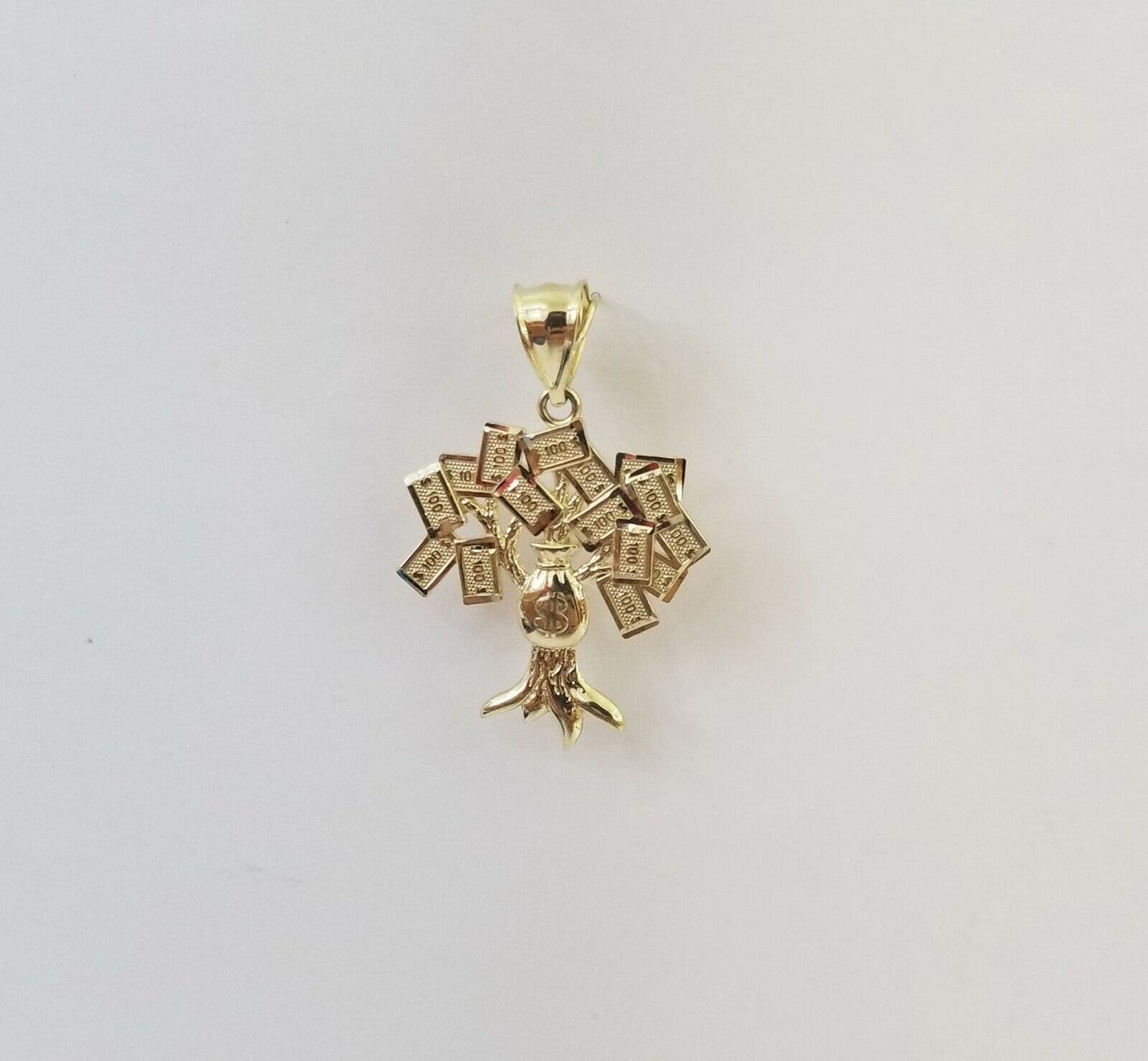 10K Yellow Gold Money Tree Pendant Diamond Cut, 10KT Real Gold $100 Sign Bag