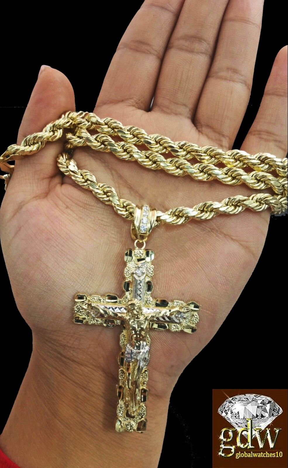 Real 10K Yellow Gold 28" Inch Rope Chain Necklace Cross Pendant Charm