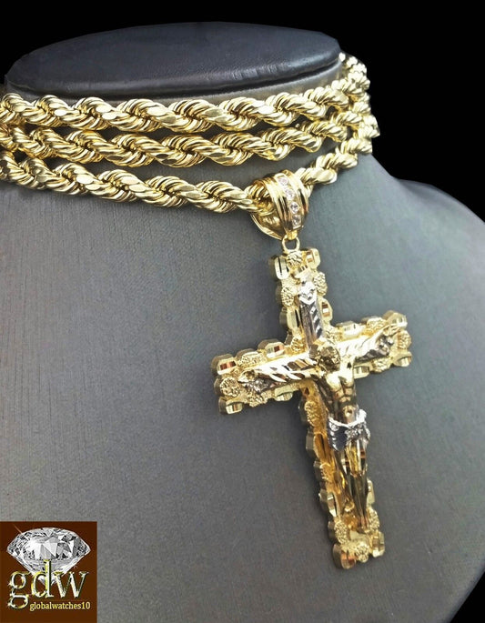 Real 10K Yellow Gold 28 Inch Rope Chain with Jesus Cross Charm Pendant