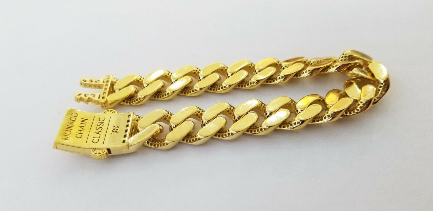 10K Yellow Gold Monaco Bracelet 8 inch 15mm Cuban link Hand chain Real 10kt