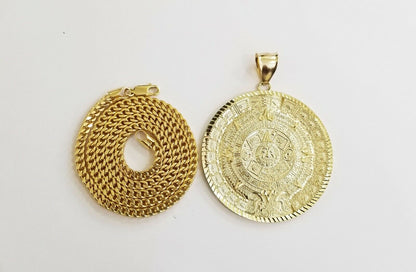 10k Real Gold Aztec Calendar Pendant Charm 3mm 20" 22" 24"  Franco Chain