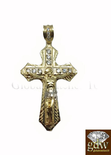 10k Yellow Gold Men Cross Charm Pendant Diamond Cut Angel Jesus Crucifix