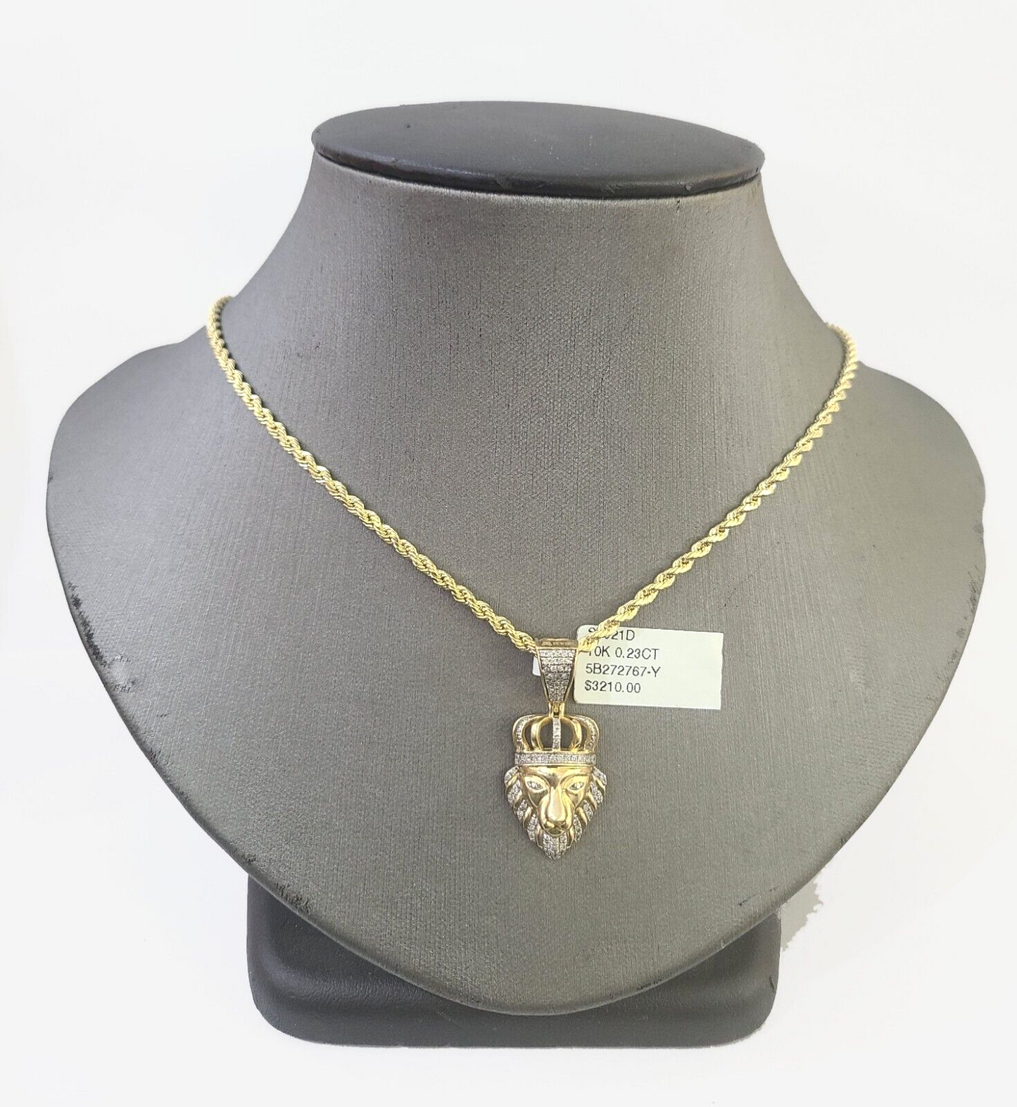 10k Gold Lion Head Diamond Charm and 2.5mm Rope Chain 24"