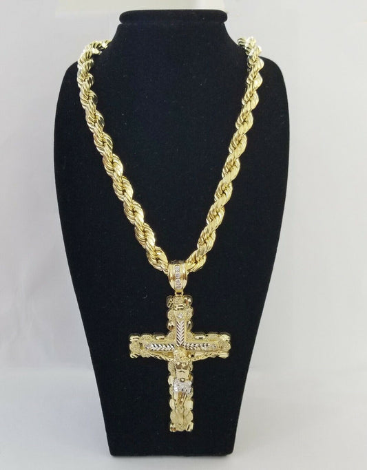 Real 10k Gold Rope Chain 26"Inch 10mm and nugget Cross Pendent  10kt yellow gold