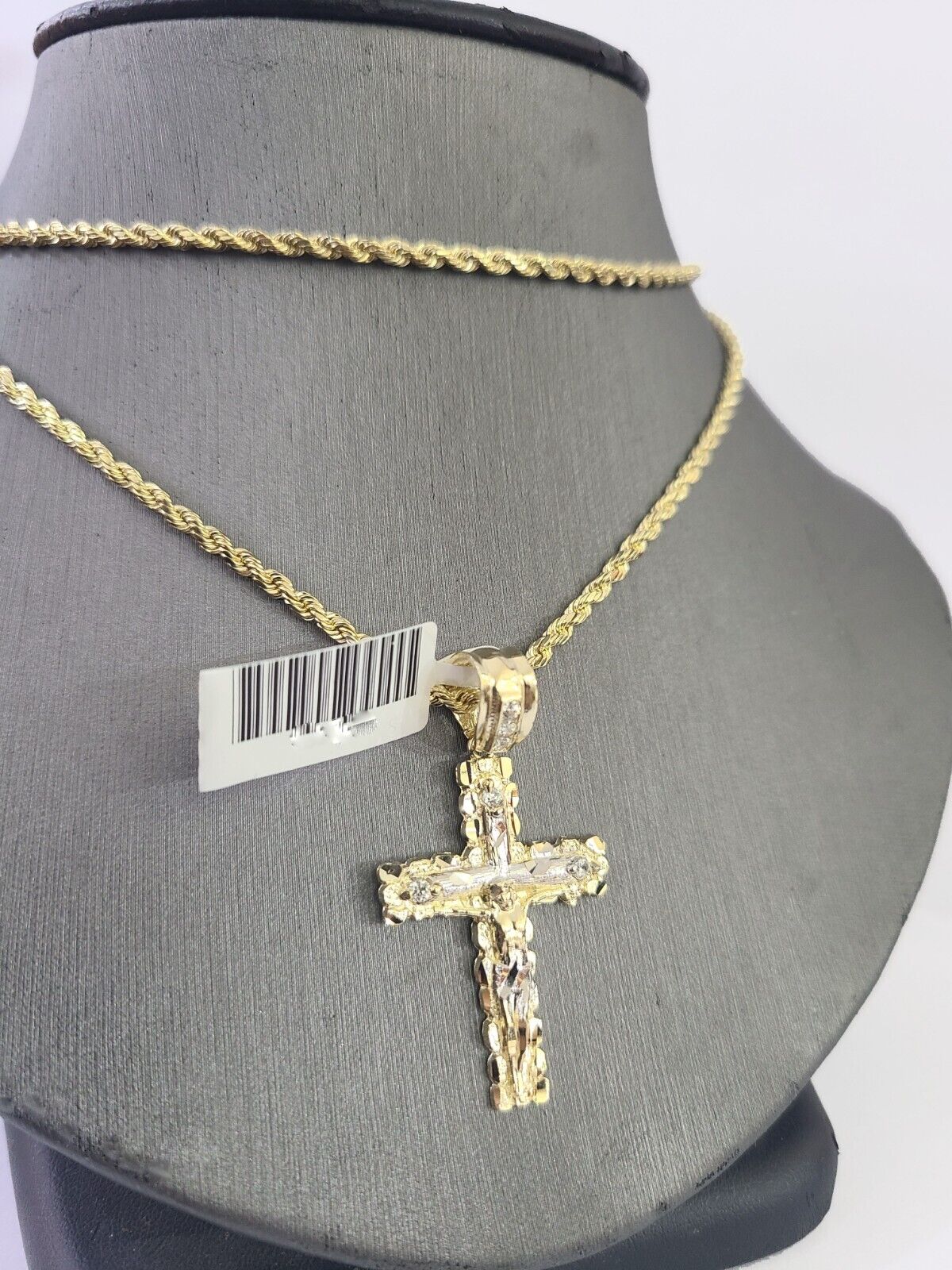 14k Yellow Gold Rope Chain 2.5mm 22Inches & Jesus Nugget Cross Charm SET