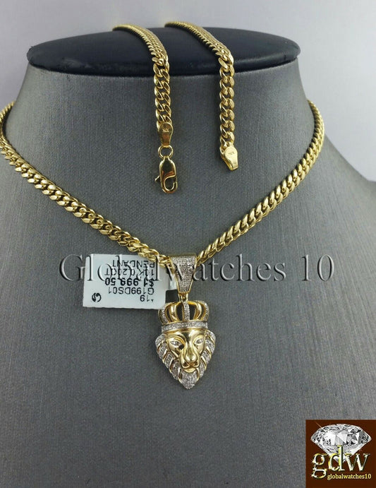 10k Gold & Diamond Lion's Head Charm with 26" Inch Miami Cuban Chain  Men Real