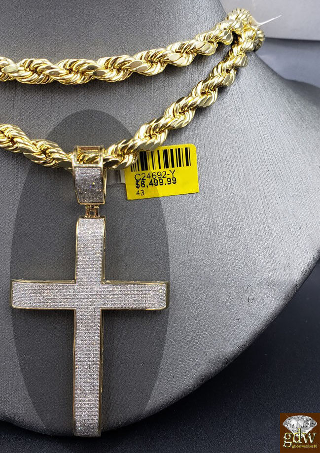 Real 10k Gold Rope Chain Necklace 22" 6mm & Genuine 1.52CT Diamond Cross pendant