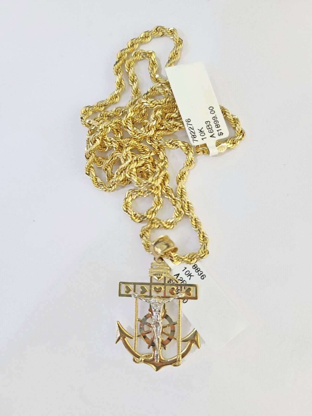 10k Gold Anchor Jesus Pendant Rope Chain 3mm 26'' Necklace Set Diamond Cut