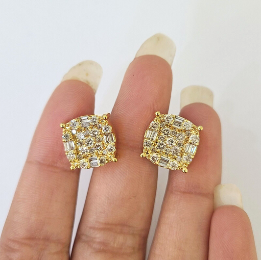 10k Yellow gold Flower Earrings Real Diamond screw-back Women Men studs