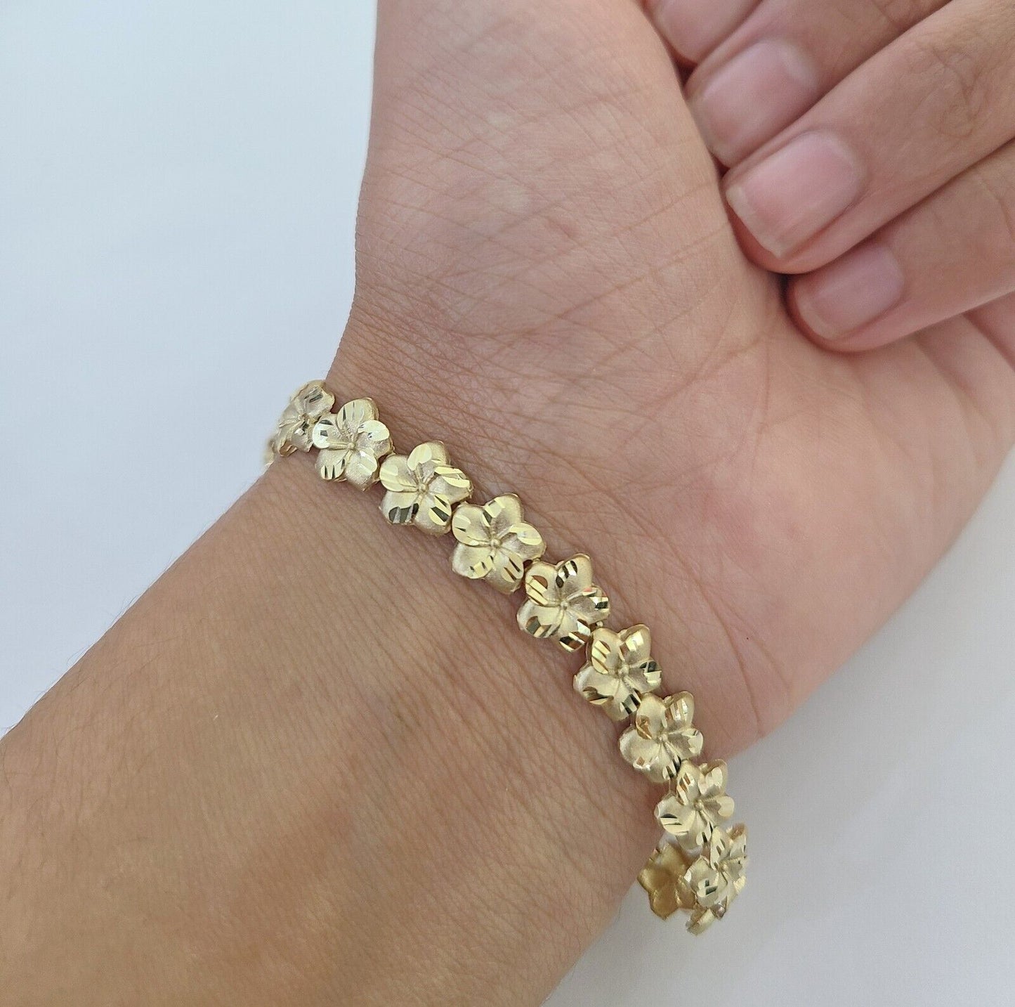 Real 10K Yellow Gold 8mm Flower Bracelet 7.5" Inch 10kt Gold