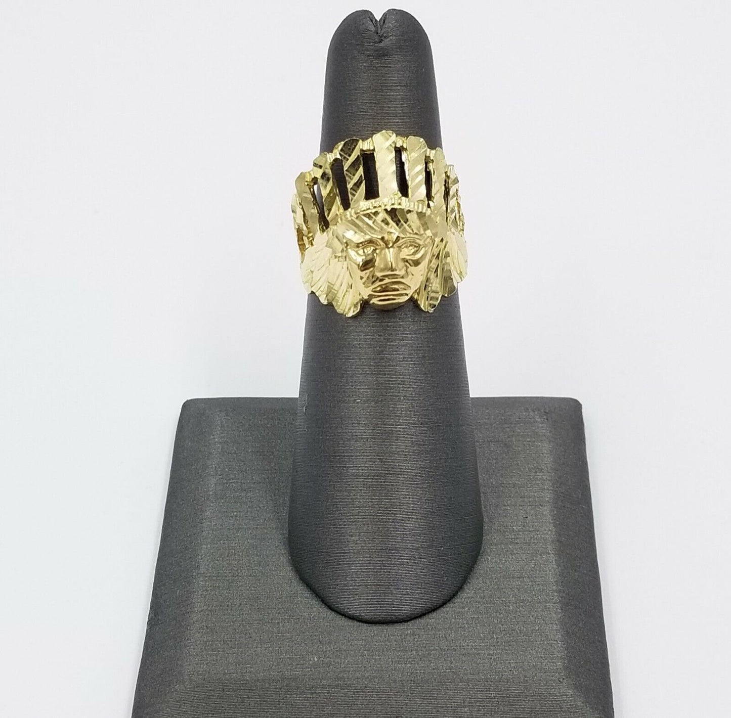 Real 10k Indian Head Yellow Gold Men's Ring Diamond Cut Pinky Thick band