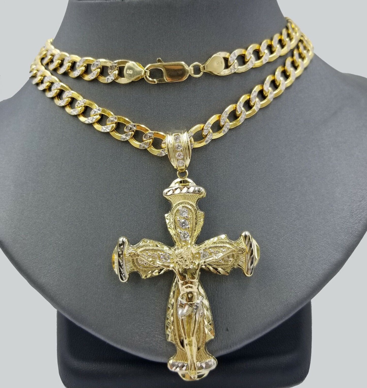 Real 10k Cuban Curb Link Necklace Pendant SET Jesus Crucifix Cross Chain