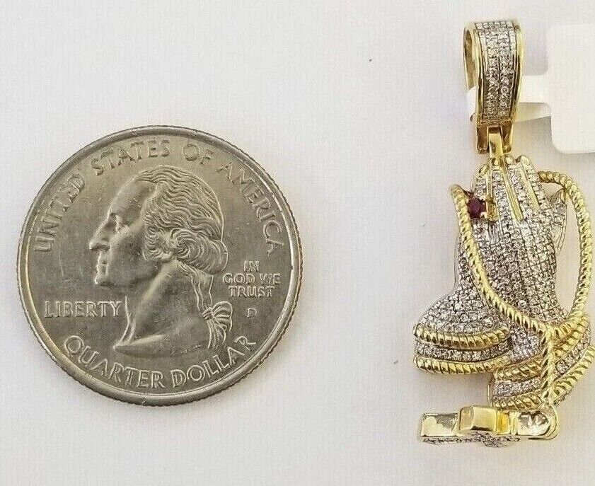 Real 10k Yellow Gold Praying Hand With Cross Pendant Real Diamond Charm