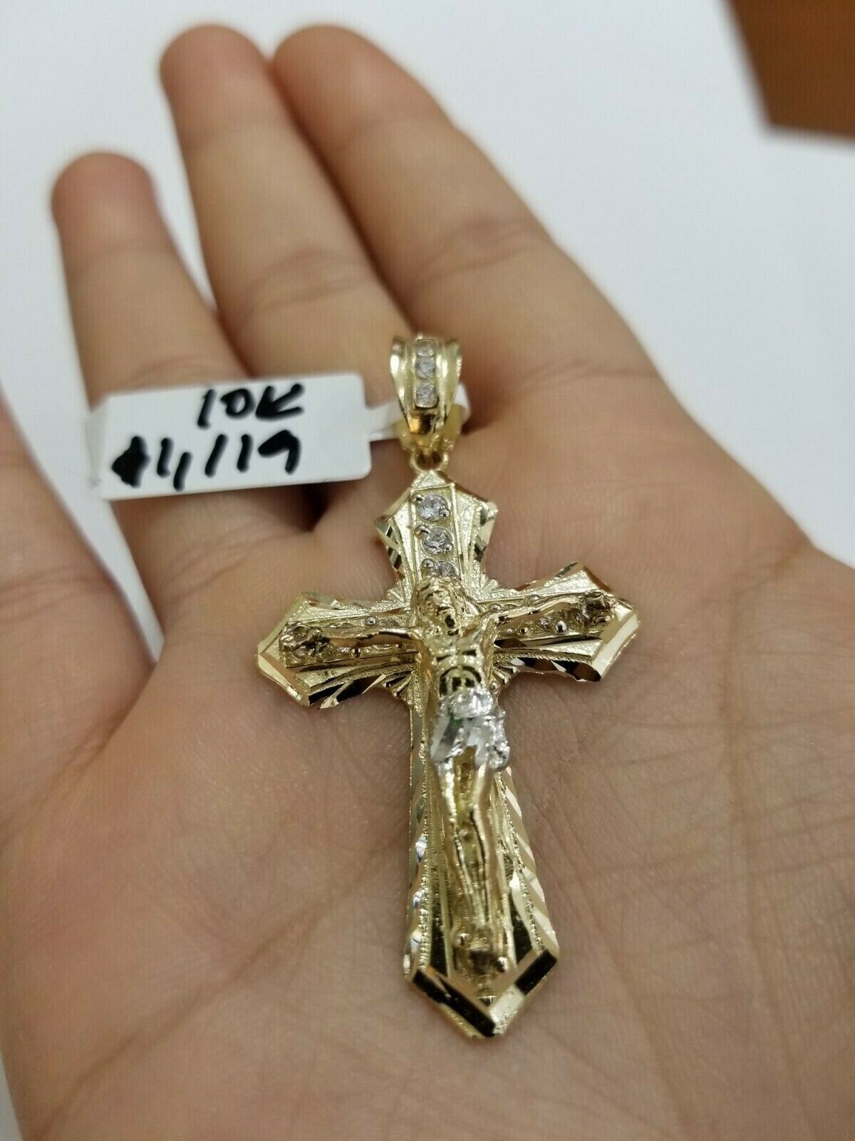 10k Yellow Gold Jesus Cross Charm pendant Diamond Cut Crucifix 2" REAL 10k