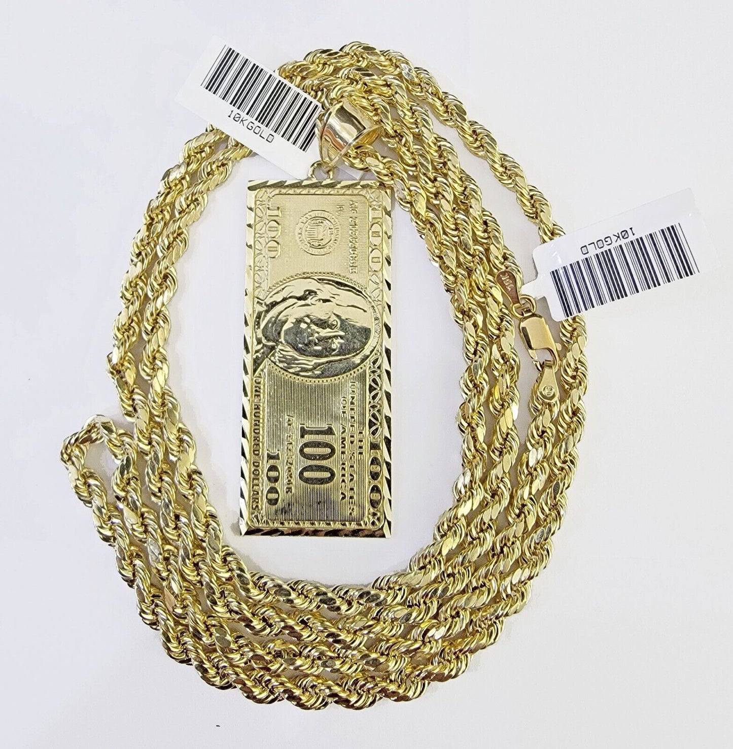 10K Yellow Gold Rope Chain 100 Dollar Charm Diamond Cut Men's Women's