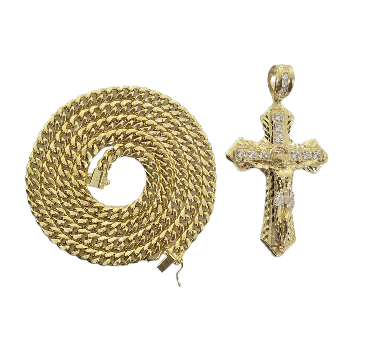 10K Yellow Gold Jesus Cross Pendent 5mm  20" 22"24"26"28" Inch Miami Cuban Chain