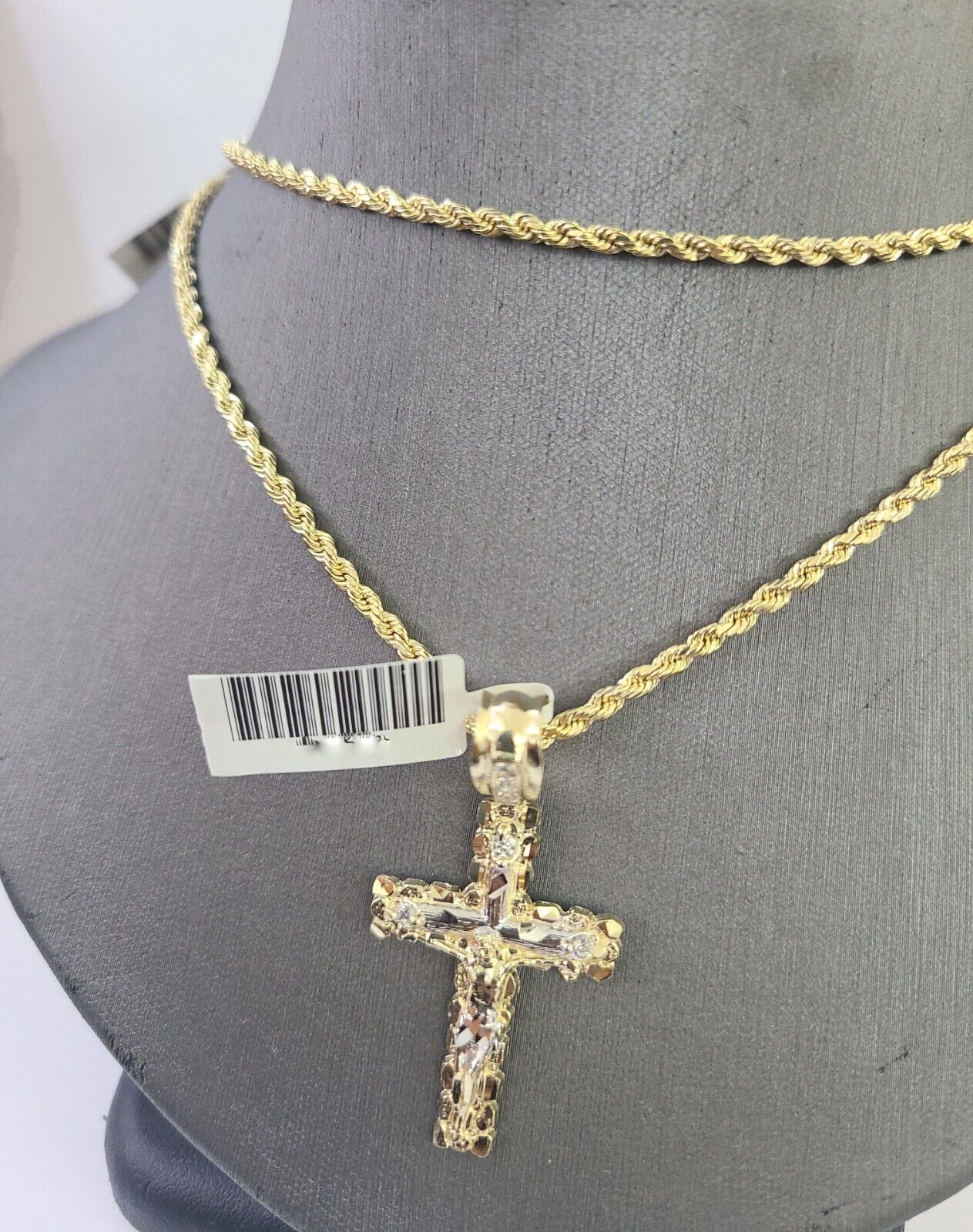 14k Yellow Gold Rope Chain 2.5mm 18Inches & Jesus Nugget Cross Charm SET