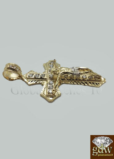 10k Yellow Gold Men Cross Charm Pendant Diamond Cut Angel Jesus Crucifix