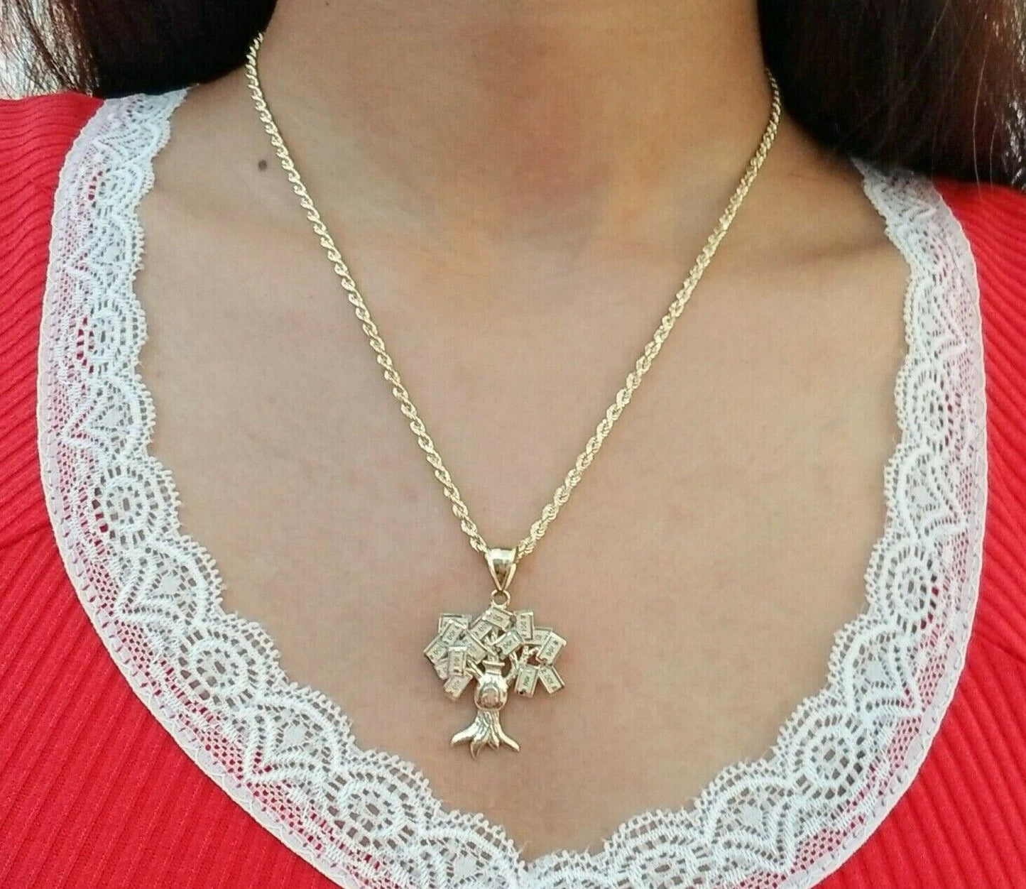 10k Yellow Gold Money Tree Pendant with 18 inch rope chain 3mm 10kt gold set