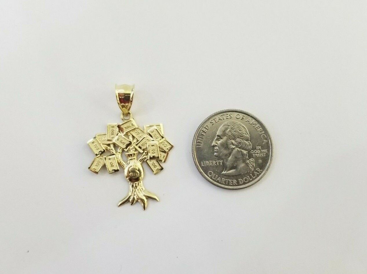 10K Yellow Gold Money Tree Pendant Diamond Cut, 10KT Real Gold $100 Sign Bag