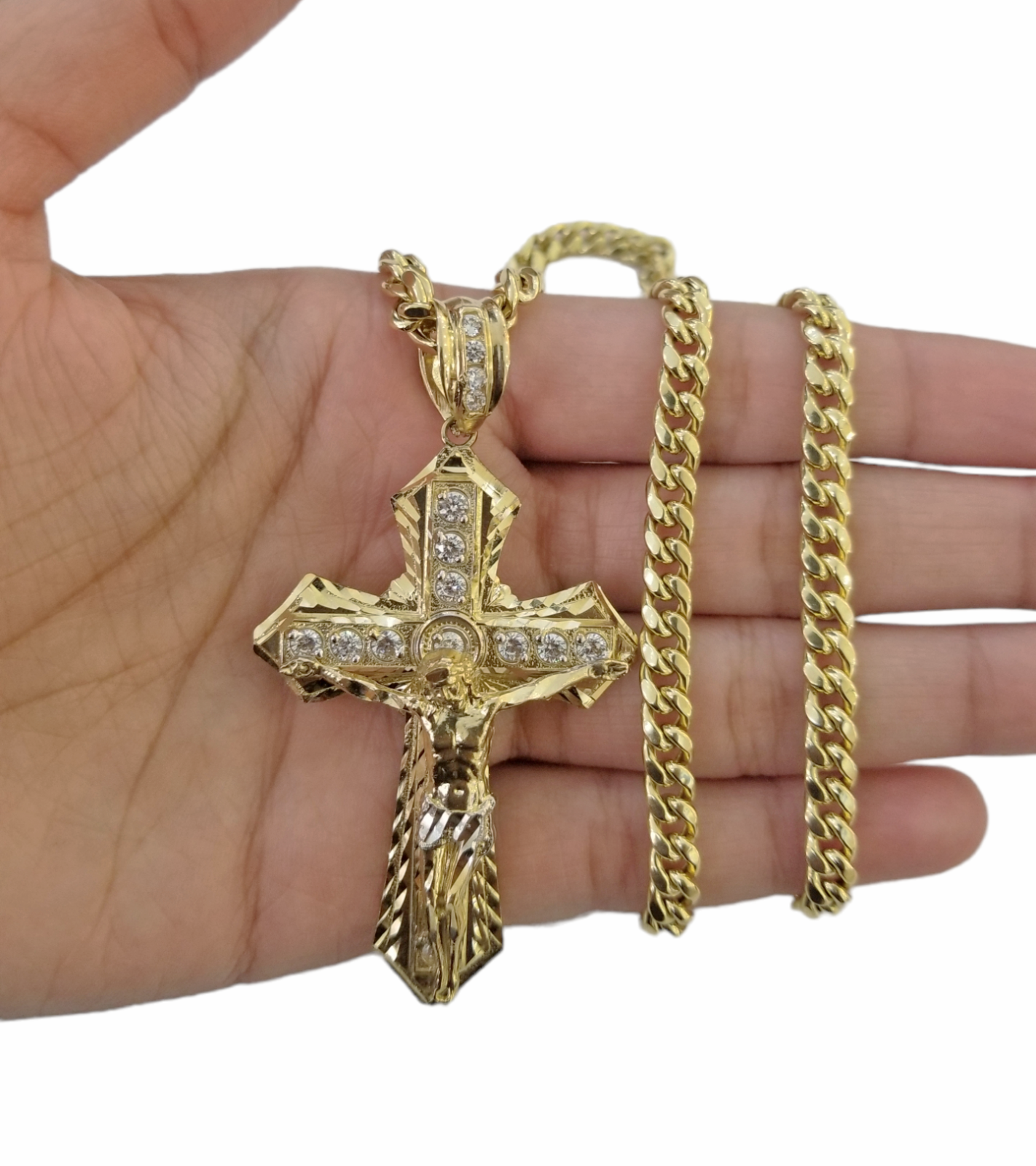 10K Yellow Gold Jesus Cross Pendent 5mm  20" 22"24"26"28" Inch Miami Cuban Chain