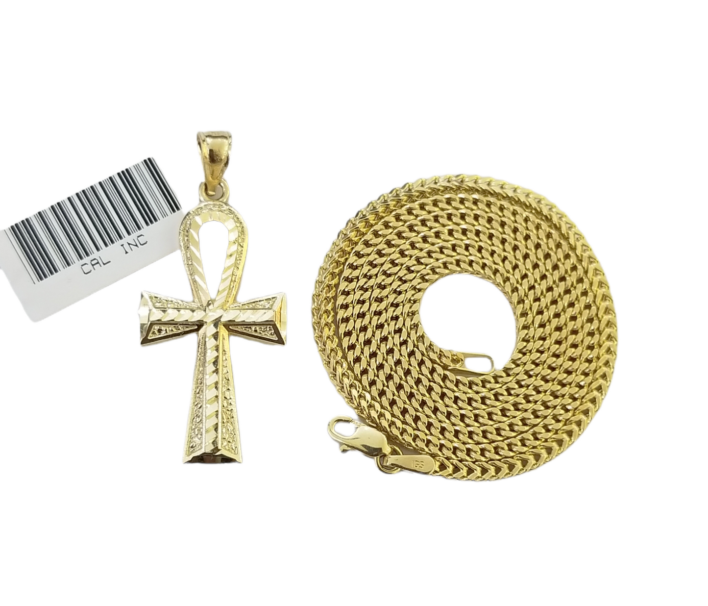 Real 10k Gold Ankh Cross Egyptian Symbol Pendent 2mm Franco Chain 18"-26" Inch