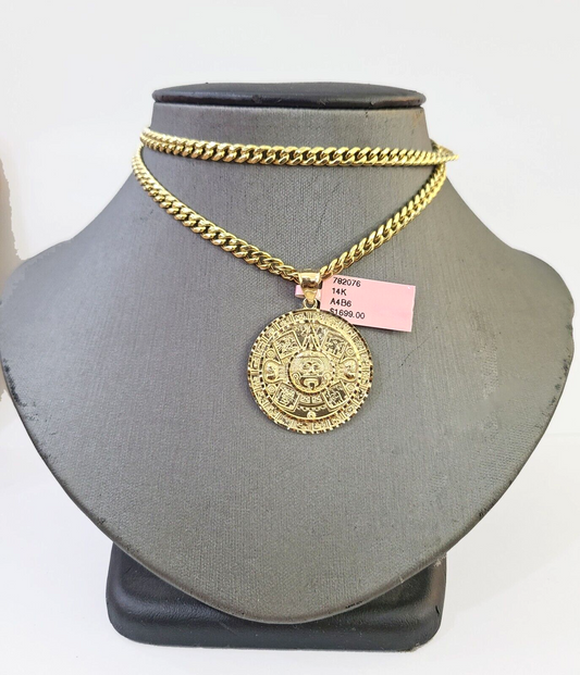 14k Yellow Gold Miami Cuban Chain & Mayan Calendar Charm SET 5mm 22 Inches