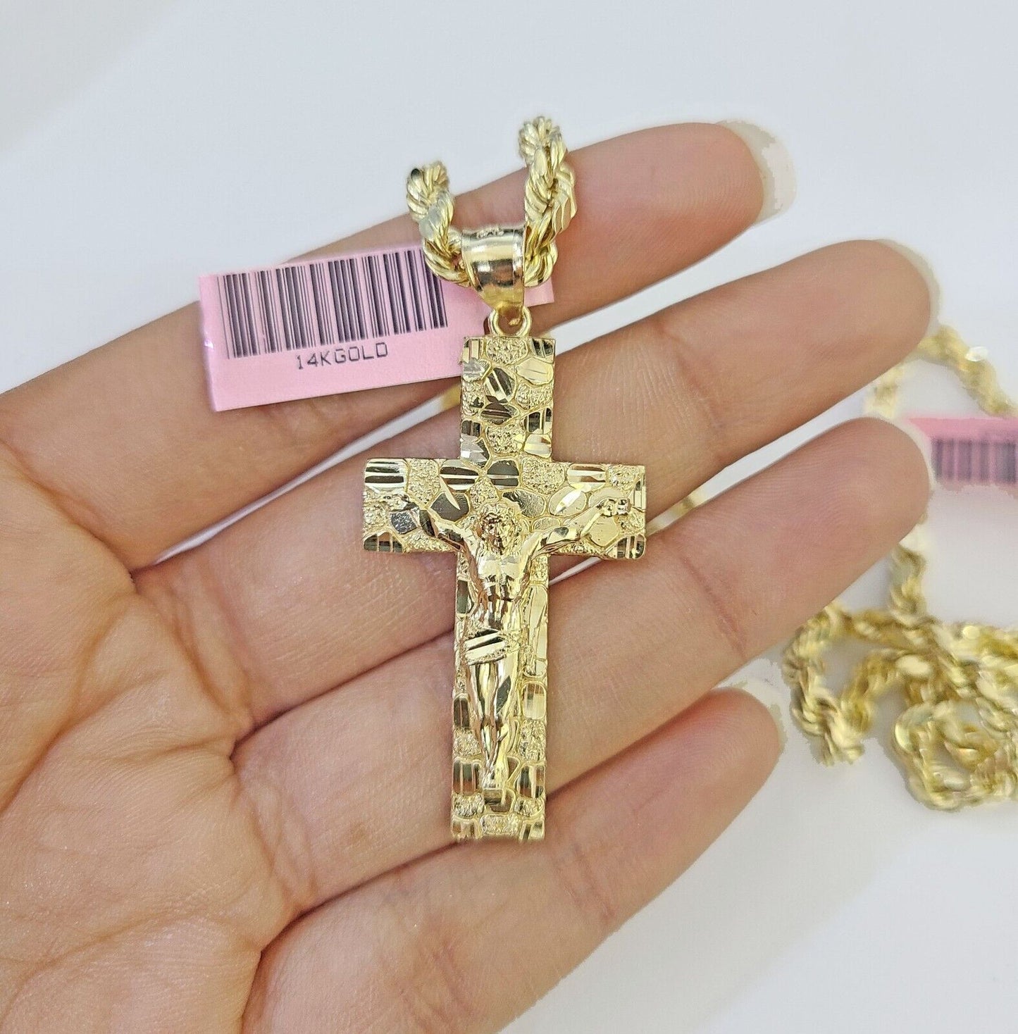 14k Yellow Gold Rope Chain Cross Pendant Charm SET 4mm 22 Inch Necklace REAL