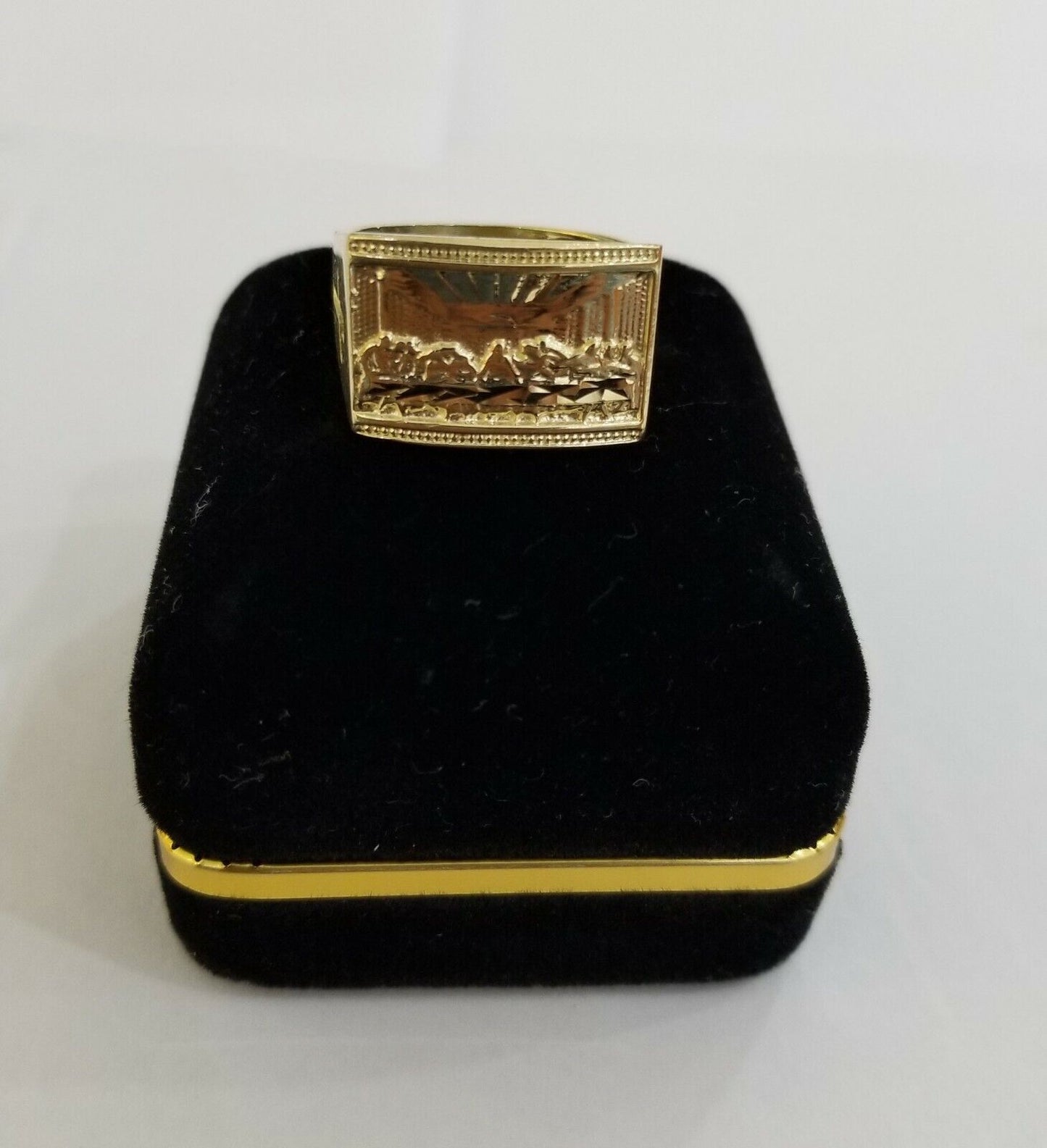 10k Real Yellow Gold Last Supper Ring Men Ring Size 10 Sizable Cross design