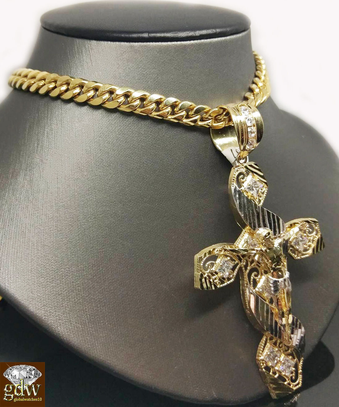 New 10k Yellow White Gold Jesus Crucifix Cross Pendent Diamond Cut