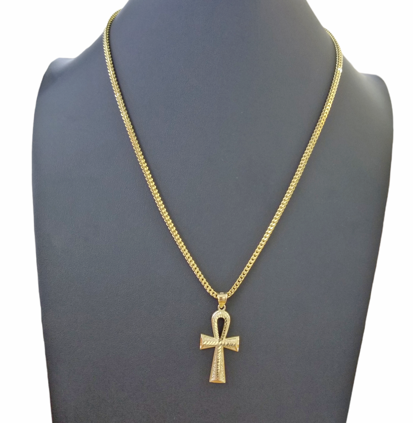 Real 10k Gold Ankh Cross Egyptian Symbol Pendent 3mm Franco Chain 18"-28" Inch