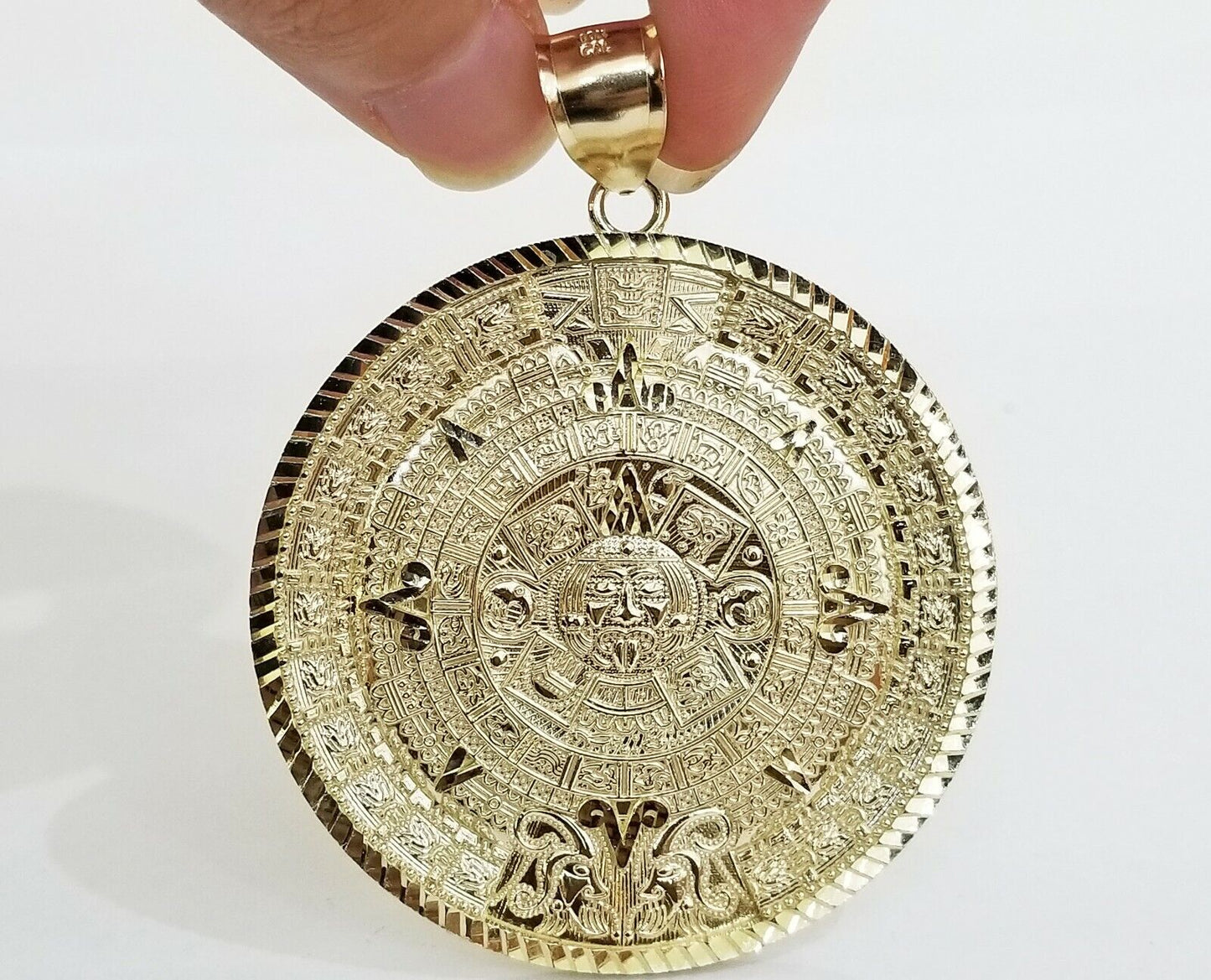 10k Real Gold Aztec Calendar Pendant Charm 3mm 20" 22" 24"  Franco Chain